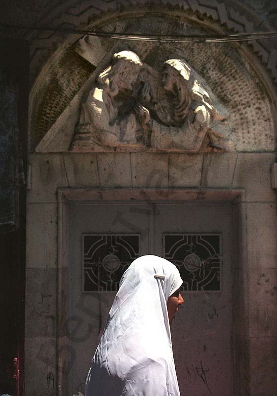 Way of Sorrow- Fourth Station. A bas-relief sculpture by Zieliensky indicates the place where Jesus met his mother.