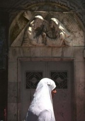 Way of Sorrow- Fourth Station. A bas-relief sculpture by Zieliensky indicates the place where Jesus met his mother.