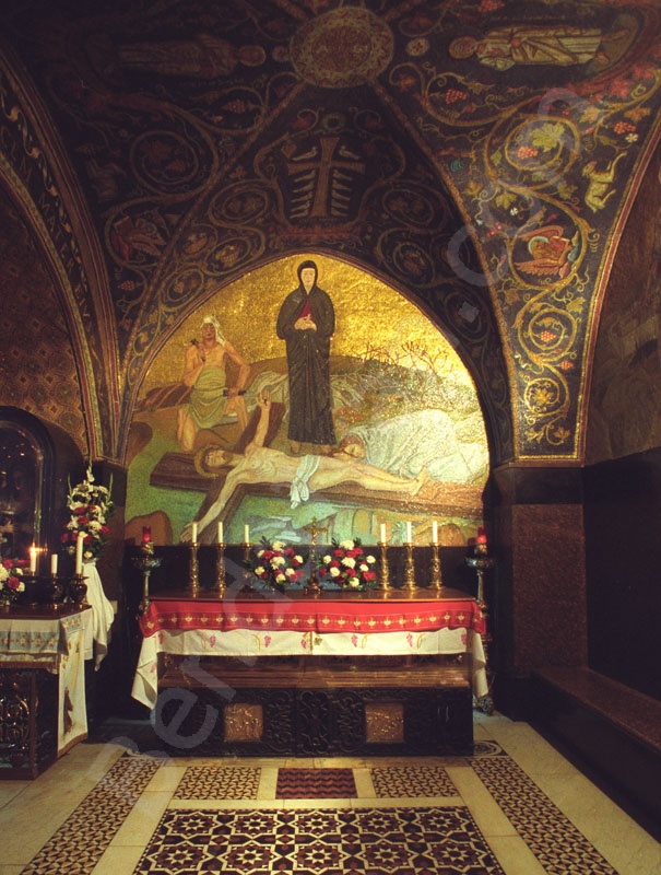Altar of the Nails of the Holy Cross, which stands at the place of Golgotha. Jerusalem Church of the Holy Sepulchre. the Nailing to the Cross 