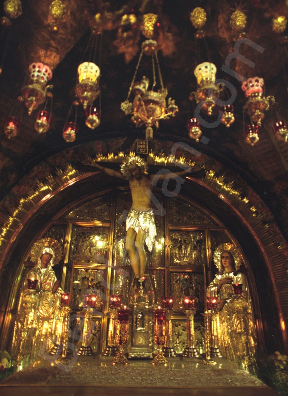 Golgotha – The Golgotha of today, accessible by step steps, has two chapels side by side, one Roman Catholic and the other Greek Orthodox. On the Roman side are two Stations: where Jesus was stripped 