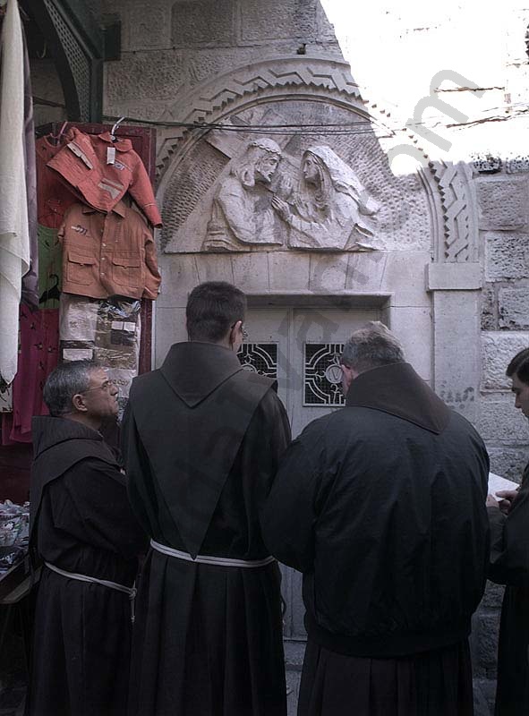 Way of Sorrow- Fourth Station. A bas-relief sculpture by Zieliensky indicates the place where Jesus met his mother.
