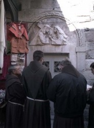 Way of Sorrow- Fourth Station. A bas-relief sculpture by Zieliensky indicates the place where Jesus met his mother.